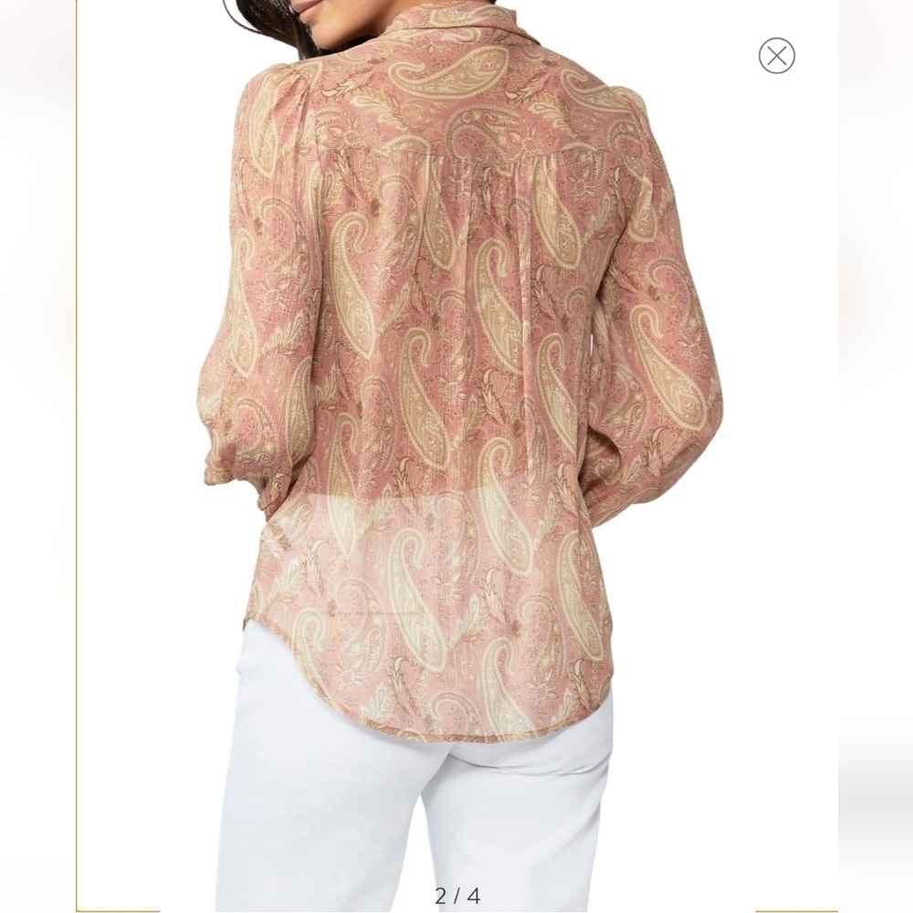 PAIGE Cleobelle Paisley Silk Blouse LIPSTICK PINK/ TAN Size X-Small - Picture 6 of 9